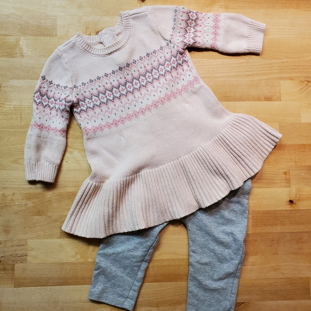 Gap Baby Girl 2 piece outfit Long Sleeve Pink Sweater Dress with bottom 12-18 M